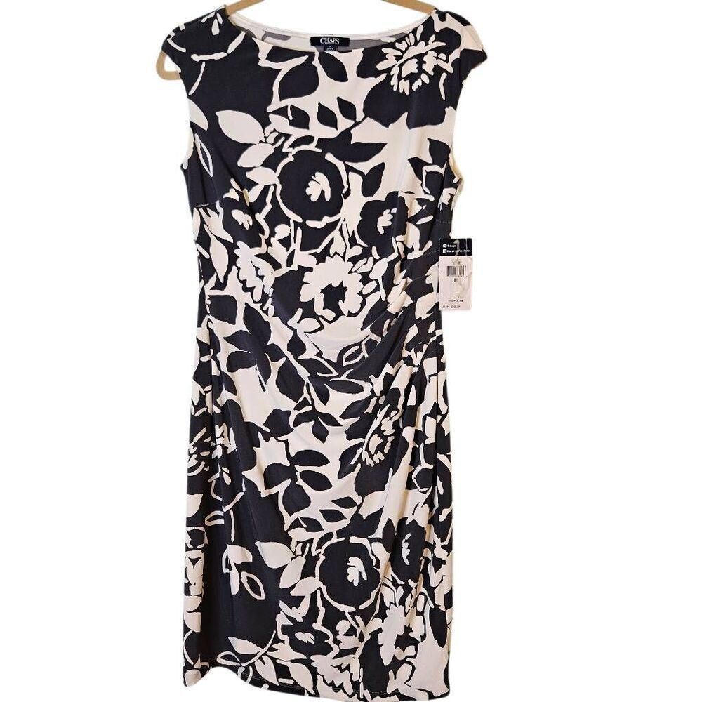 Chaps sleeveless slate/cream knee length, rouched dress. M. NWT.